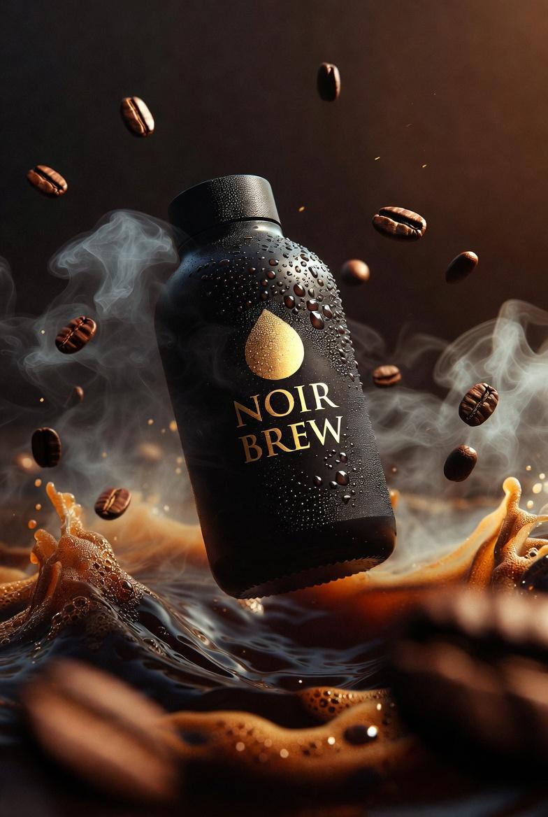 Ultra-cinematic premium coffee bottle labeled “NOIR ...