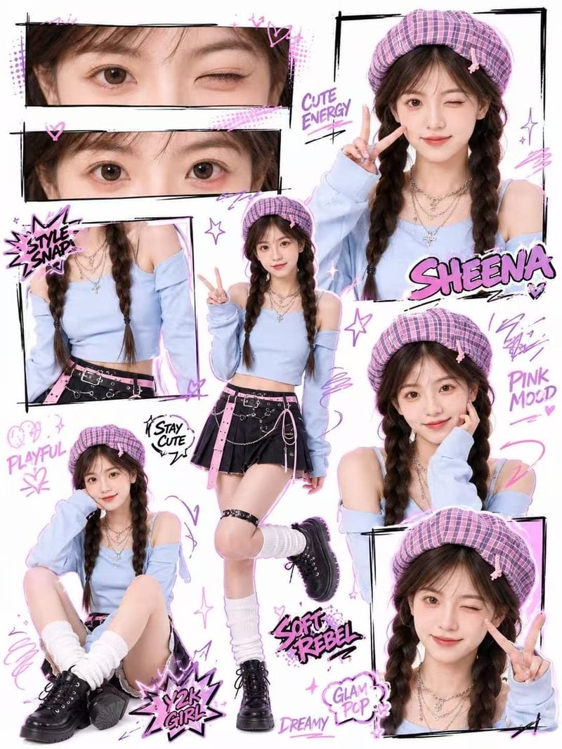 Create a high-quality Y2K kawaii street-style collage