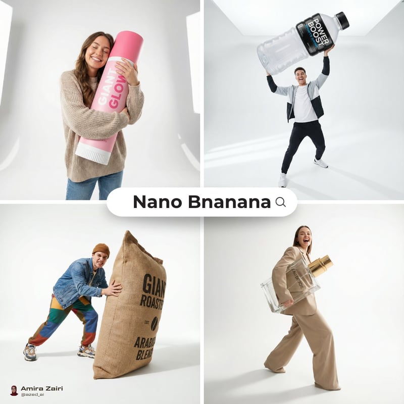 [person], [pose], oversized product in the attached