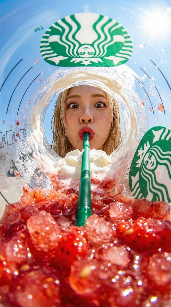 prompt": from inside a Starbucks strawberry frappuccino