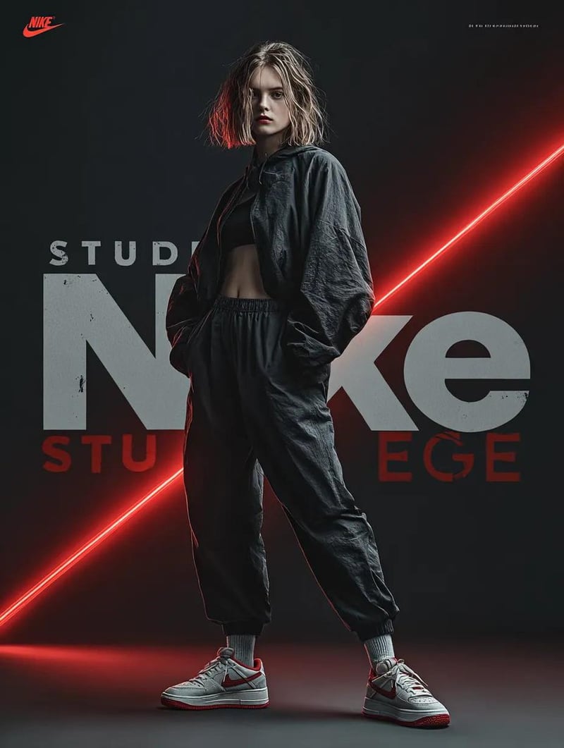 A dynamic fashion advertisement for Nike showing
