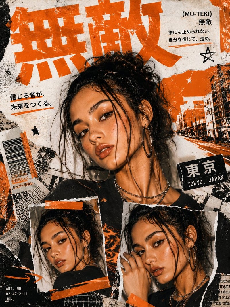 Create a bold Y2K Japanese street-editorial collage