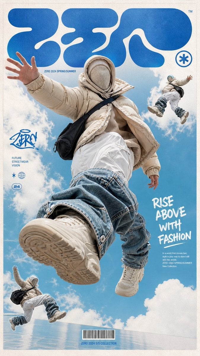 一张高端潮流街头服装海报，画面主体是一位无脸的未来感模特漂浮跳跃在天空中，穿着超大号米色羽绒服、层叠兜帽...