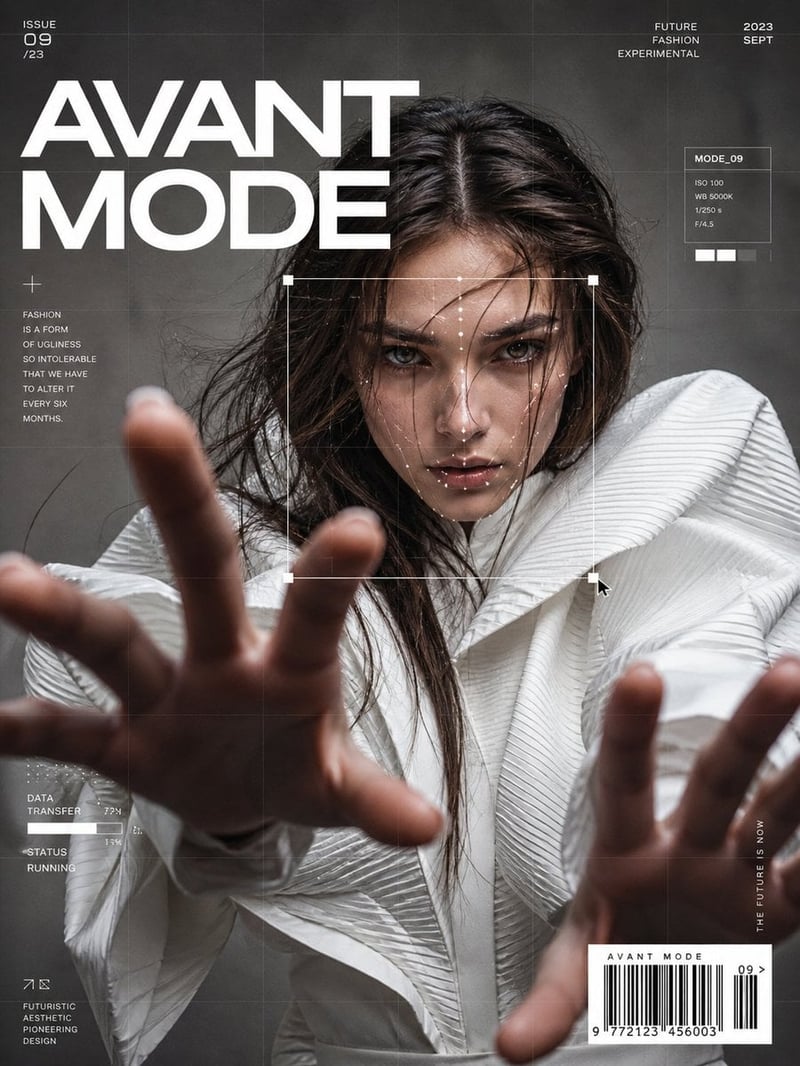 Ultra-realistic fashion editorial portrait of a conf...