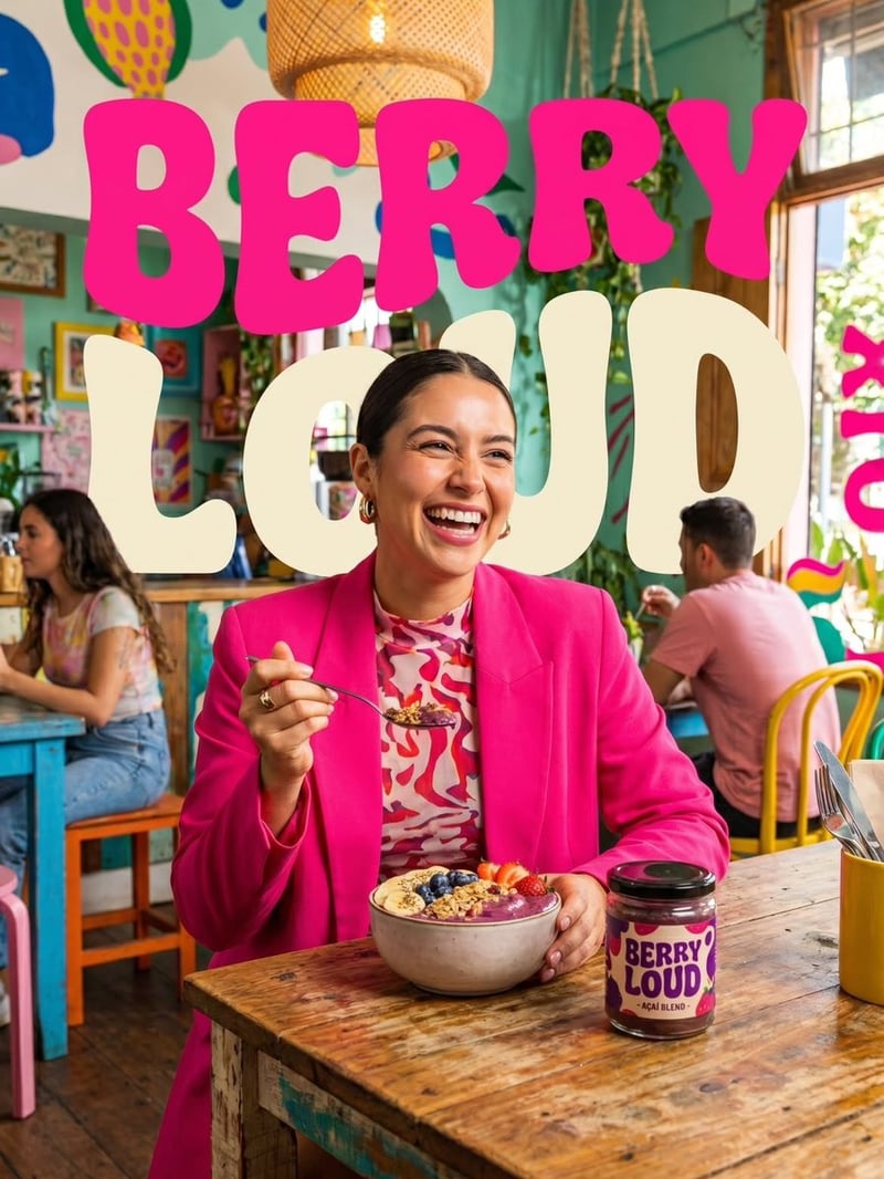Vibrant lifestyle food advertisement, smiling woman in