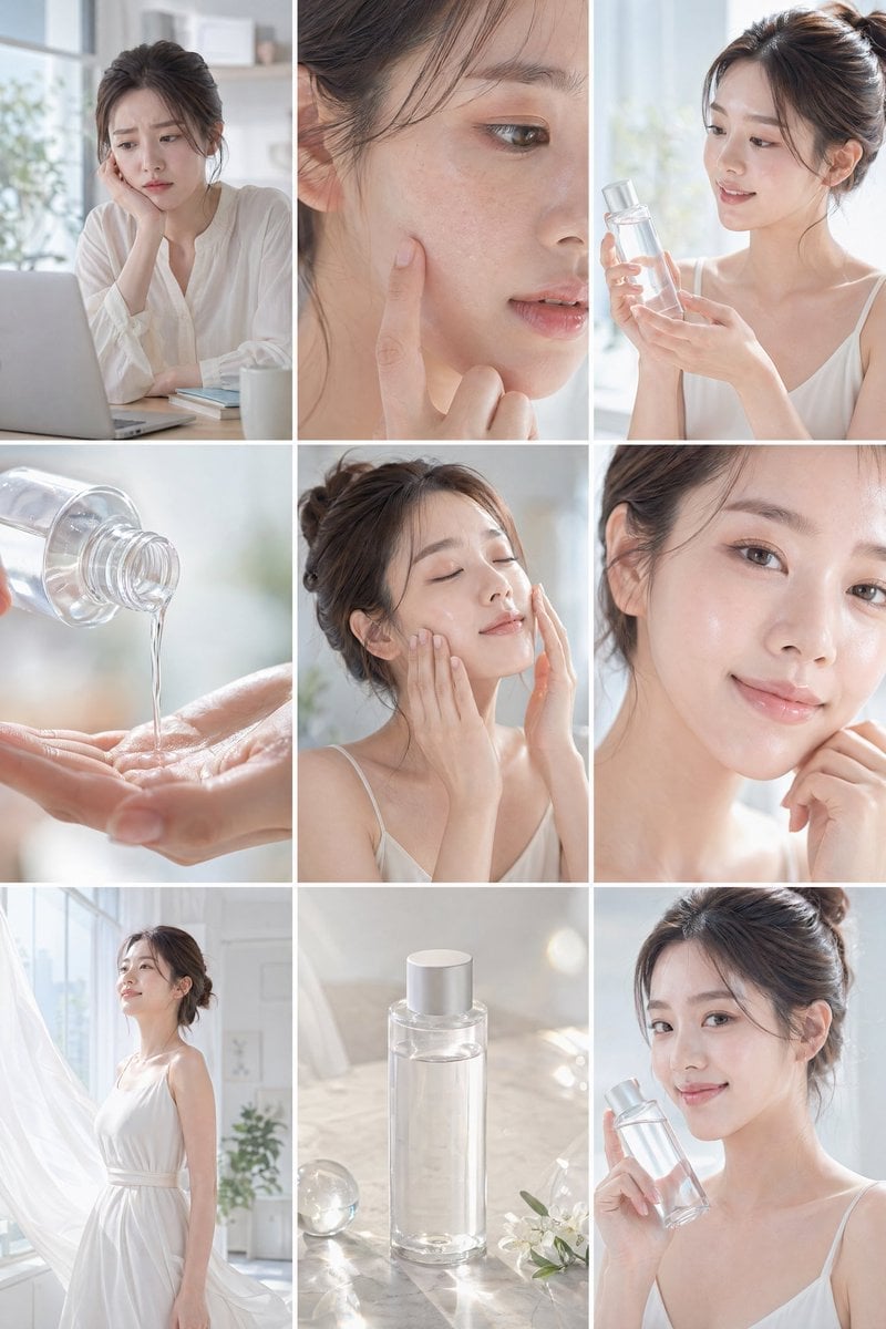 Create a clean, bright skincare commercial storyboard