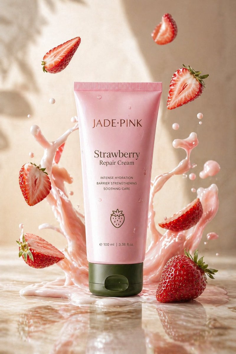 A sleek jade-pink tube labeled "Strawberry Repair