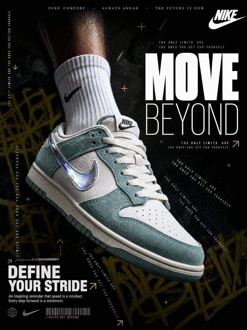 A hyperrealistic Nike sneaker advertisement shot in