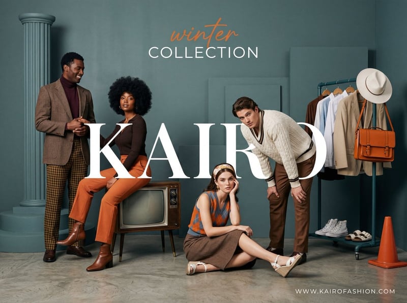 A wide-angle, studio fashion advertisement with a